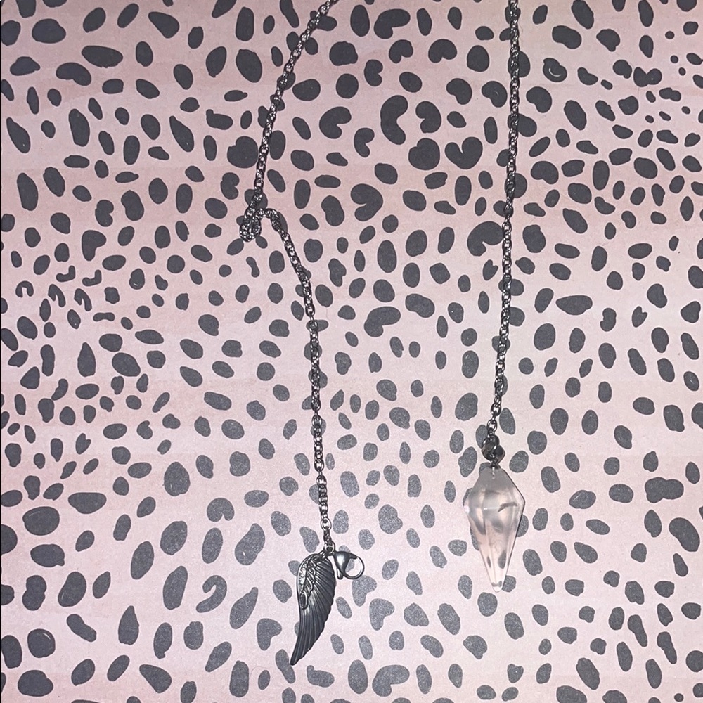 Clear Quartz Pendulum Necklace Stainless Steel with Wing Charm - Picture 3 of 4